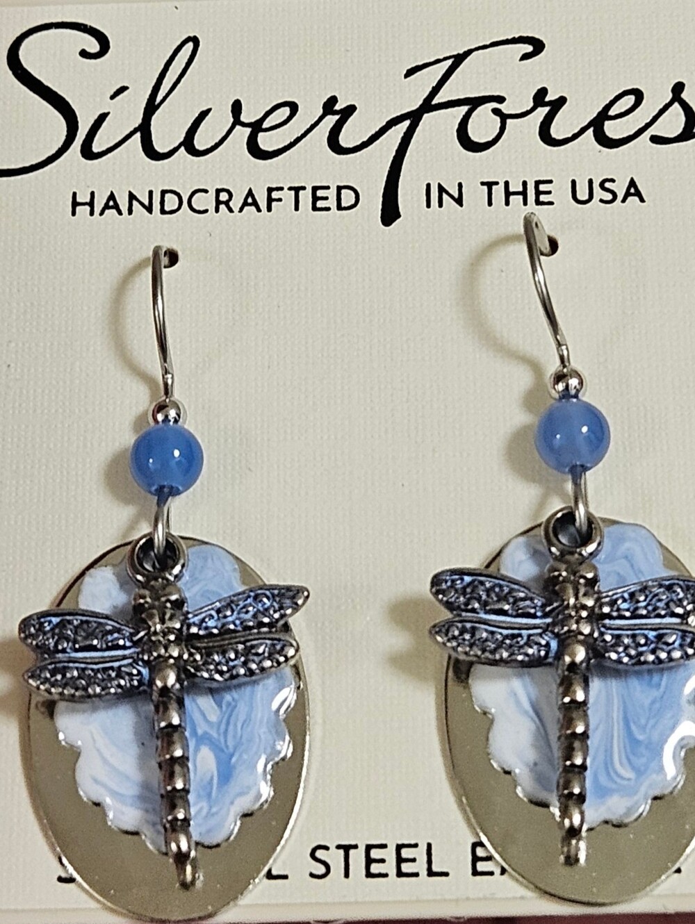Silver Forest Dragonfly on Light Blue Cloud and Silver Oval Pierced Earrings
